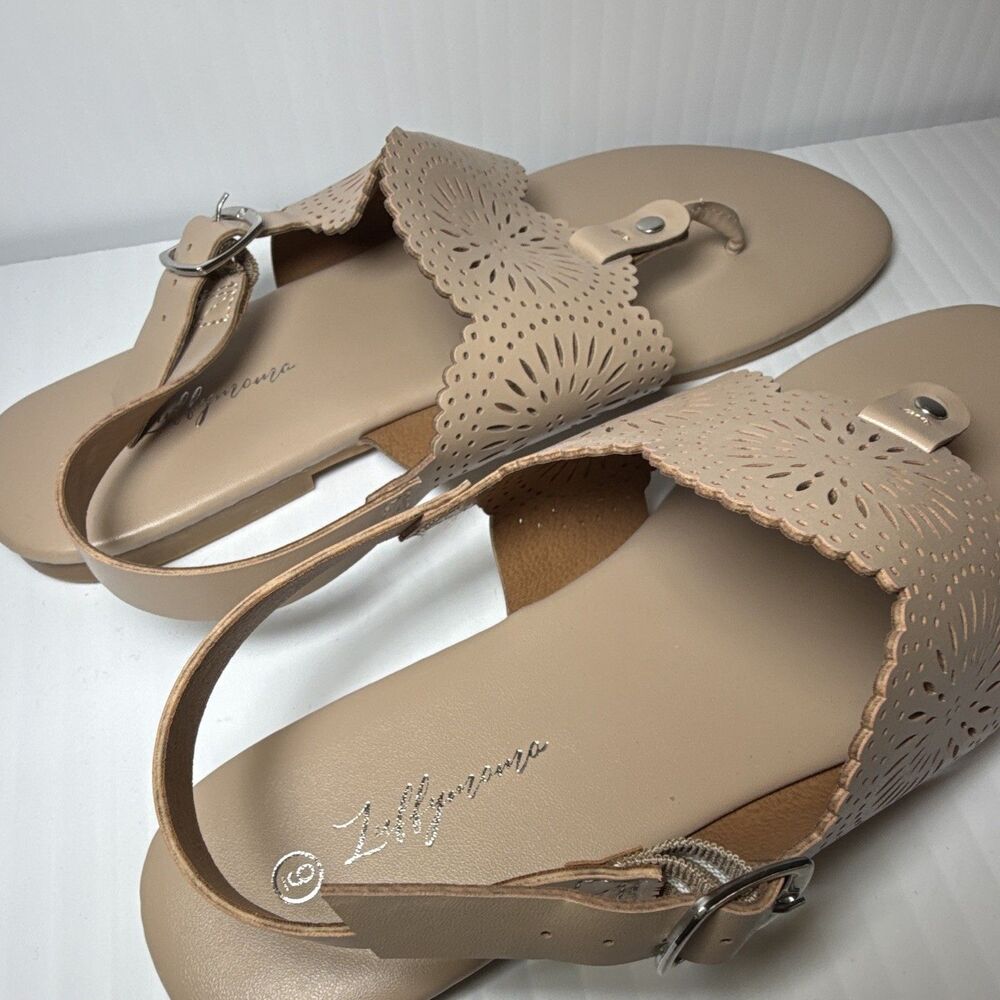 Beige Thong Flat Sandals Faux Leather Buckle Ankle Strap Women’s 9 - Picture 5 of 7